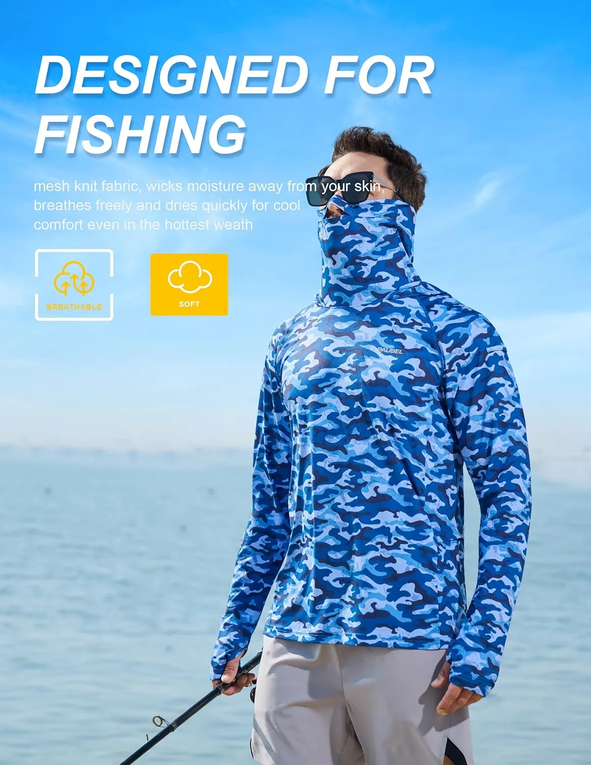 Men's Sun Protection Fishing Shirts UPF 50  Lightweight Hoodie Long Sleeve UV SPF Hooded Shirts with Mask Rash Guard