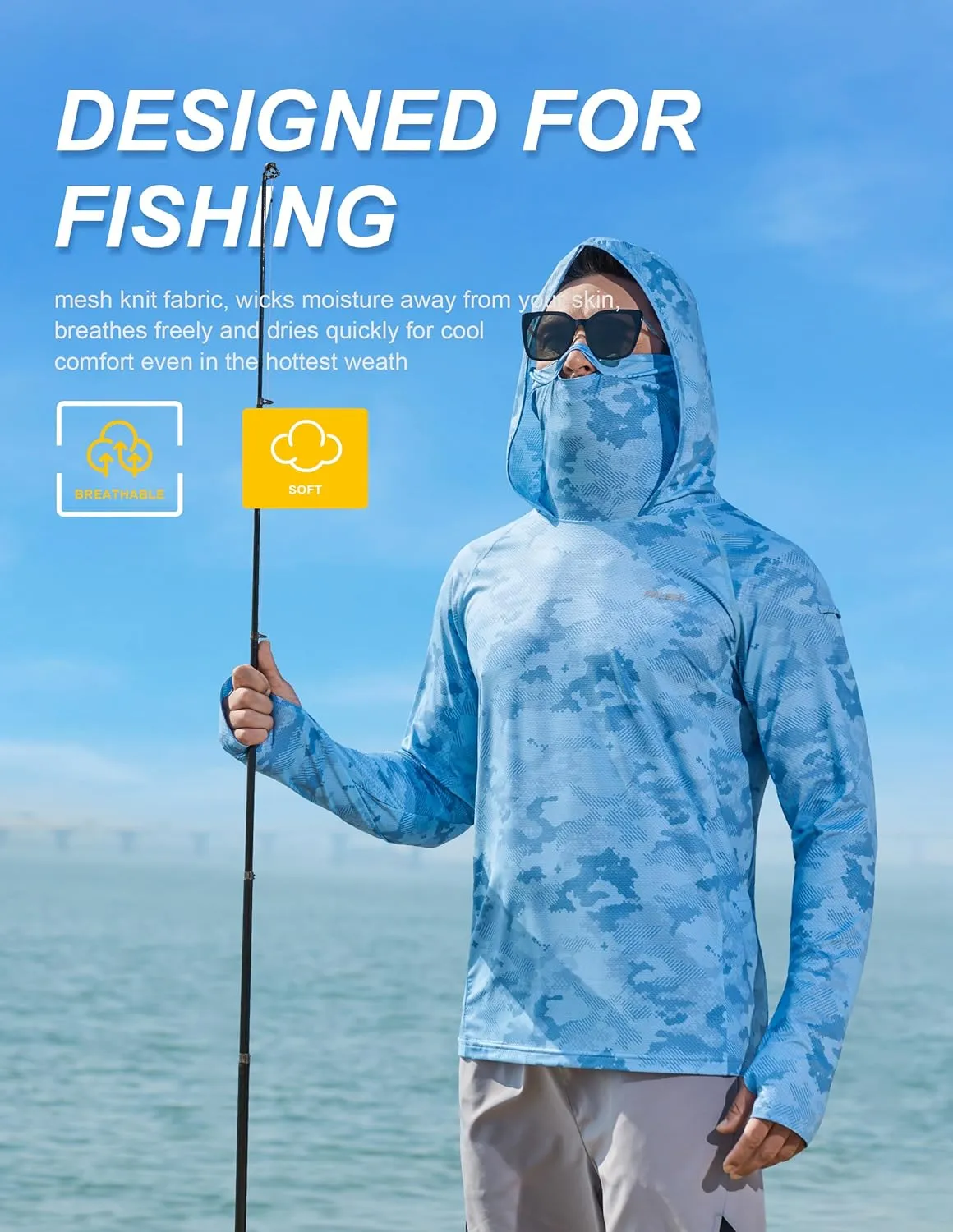 Men's Sun Protection Fishing Shirts UPF 50  Lightweight Hoodie Long Sleeve UV SPF Hooded Shirts with Mask Rash Guard