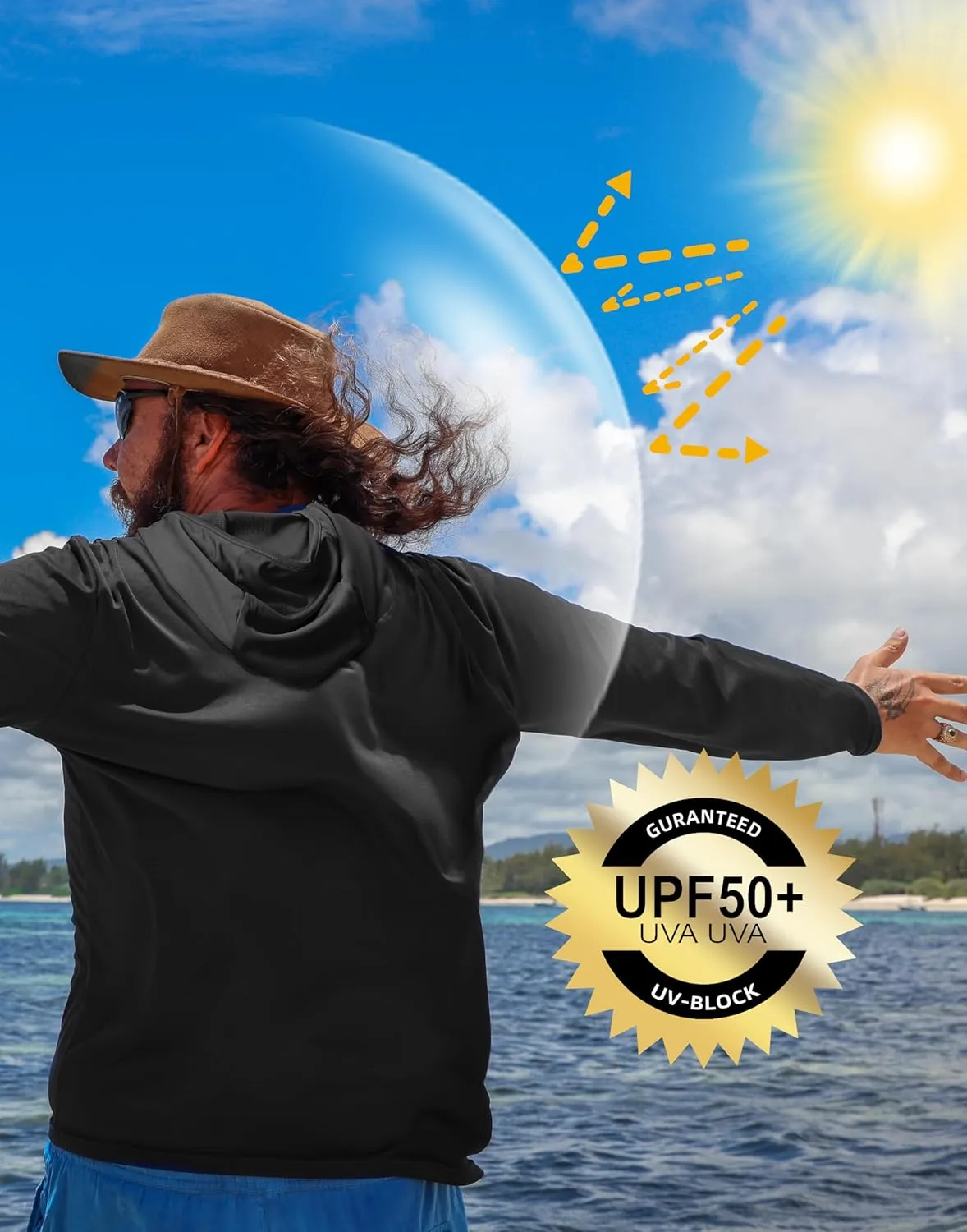 Men's Sun Protection Shirts UPF 50  Long Sleeve Hoodie with 2 Pockets UV SPF Fishing Hiking Rash Guard Shirts