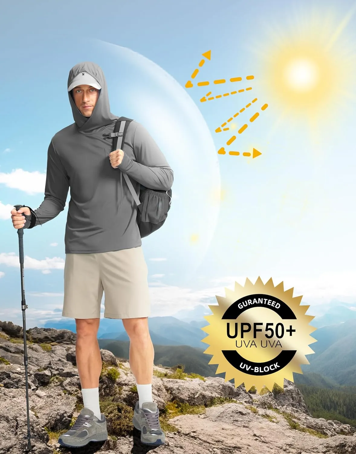 Men's Sun Protection Shirts UPF 50  Long Sleeve Hoodie with 2 Pockets UV SPF Fishing Hiking Rash Guard Shirts