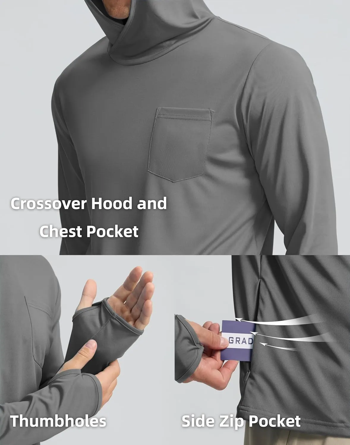Men's Sun Protection Shirts UPF 50  Long Sleeve Hoodie with 2 Pockets UV SPF Fishing Hiking Rash Guard Shirts