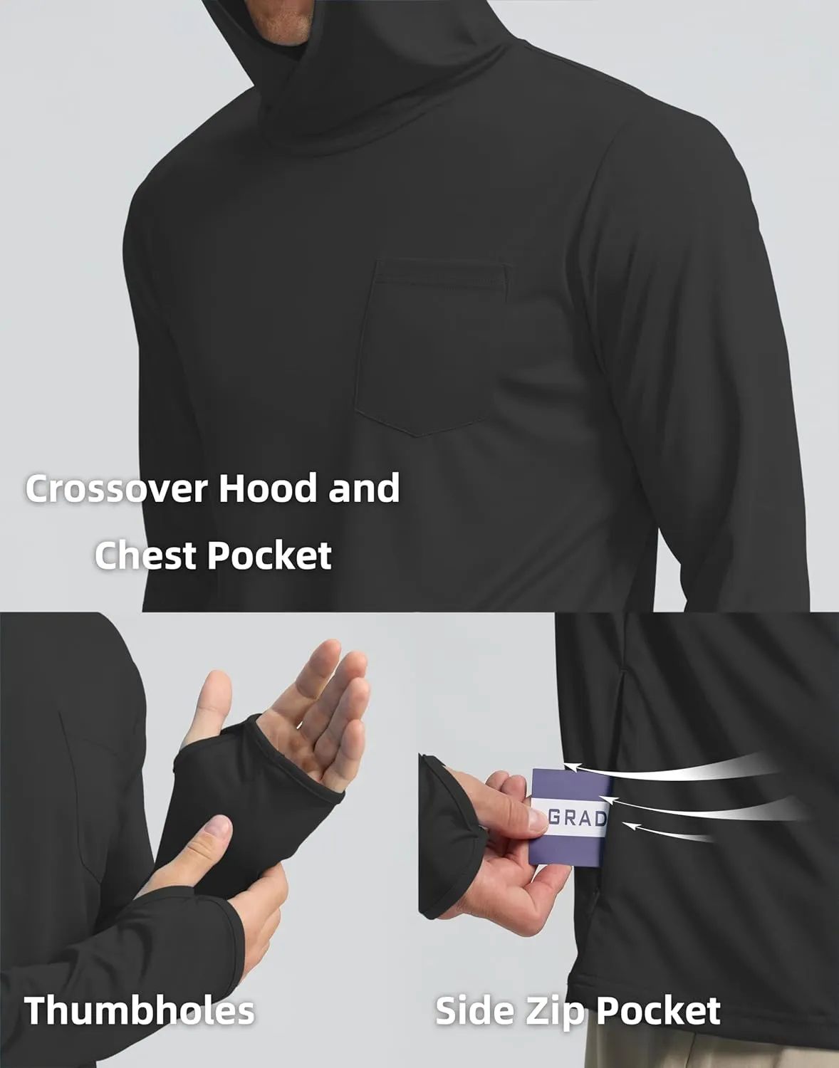 Men's Sun Protection Shirts UPF 50  Long Sleeve Hoodie with 2 Pockets UV SPF Fishing Hiking Rash Guard Shirts