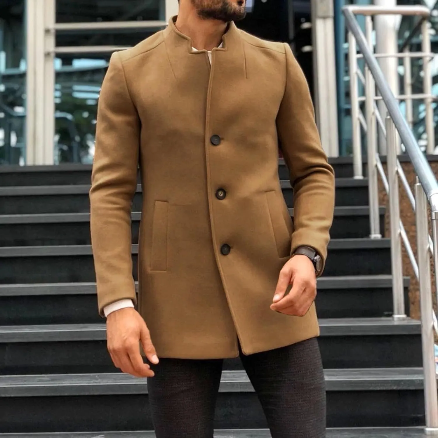 Mens Trench Coat Notched Collar Single Breasted Peacoat Winter Overcoat With Pockets Windbreaker Warm Jackets