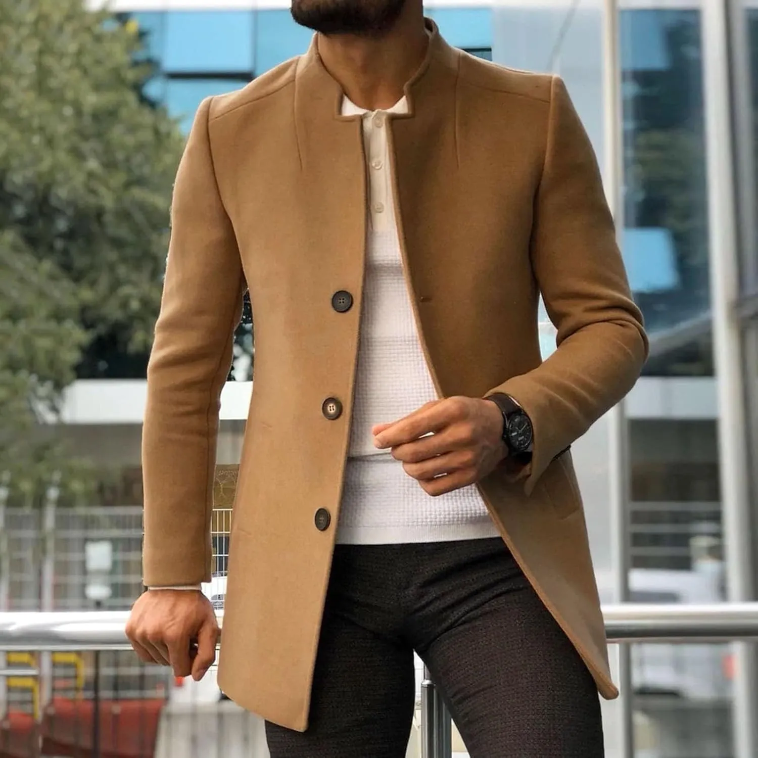 Mens Trench Coat Notched Collar Single Breasted Peacoat Winter Overcoat With Pockets Windbreaker Warm Jackets