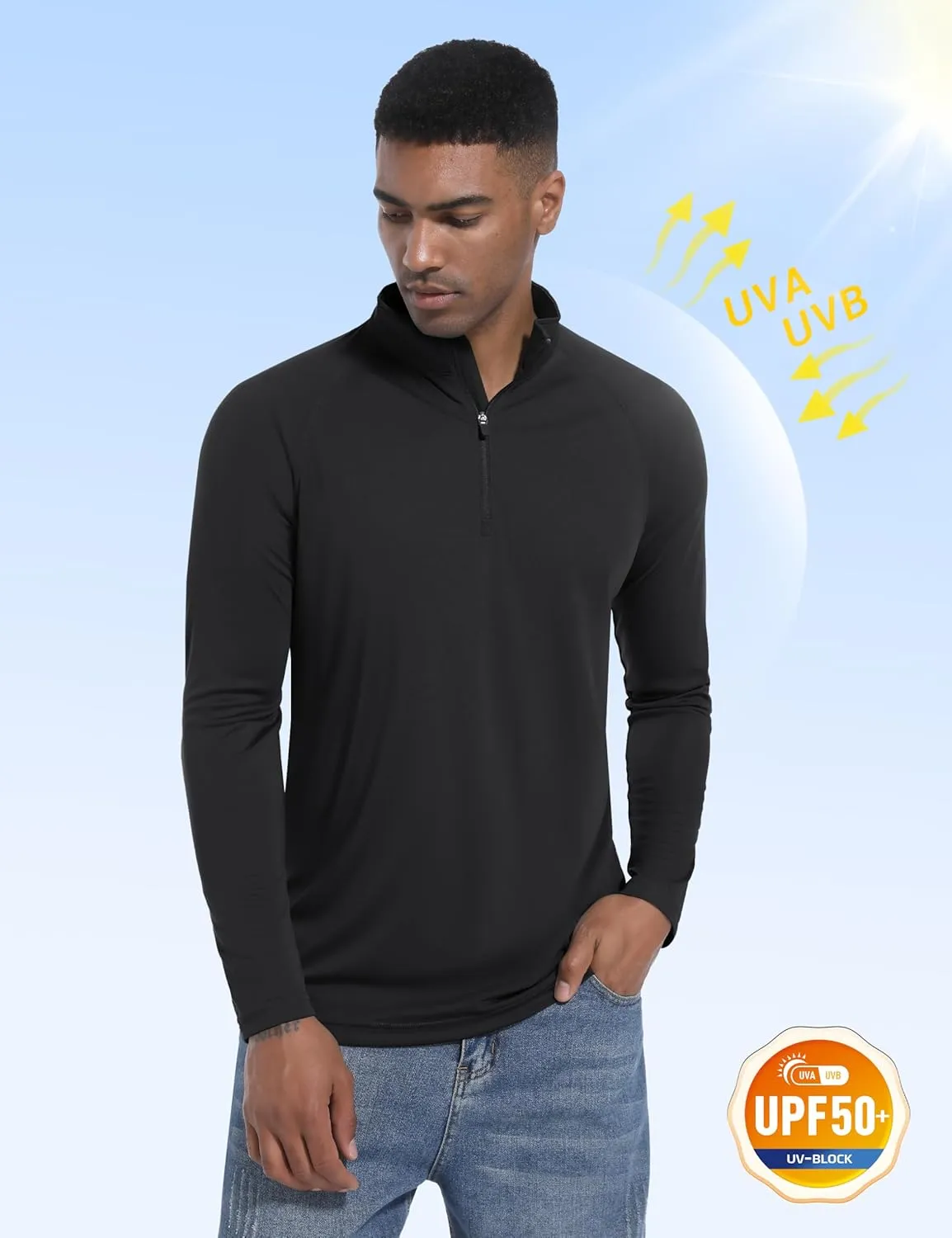 Mens UPF50  Sun Shirts Uv Protection Long Sleeve Rush Guard 1/4 Zip Lightweight Quick Dry Athletic T-Shirts