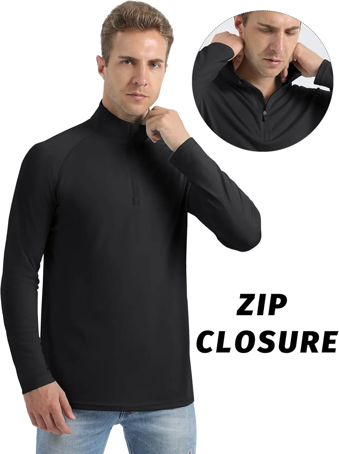 Mens UPF50  Sun Shirts Uv Protection Long Sleeve Rush Guard 1/4 Zip Lightweight Quick Dry Athletic T-Shirts