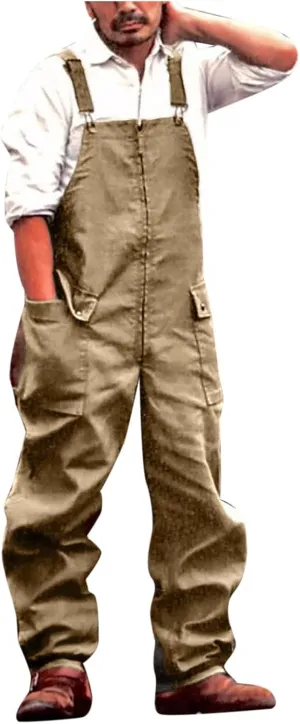 Mens Vintage Bib Overalls Relaxed Fit Canvas Bib Overalls Pockets Work Cargo Pants Lightweight Zipper Loose Jumpsuit