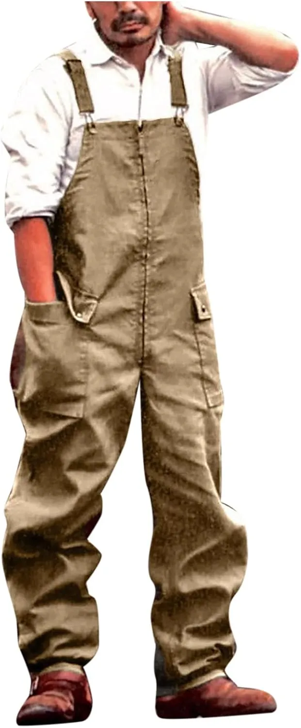 Mens Vintage Bib Overalls Relaxed Fit Canvas Bib Overalls Pockets Work Cargo Pants Lightweight Zipper Loose Jumpsuit