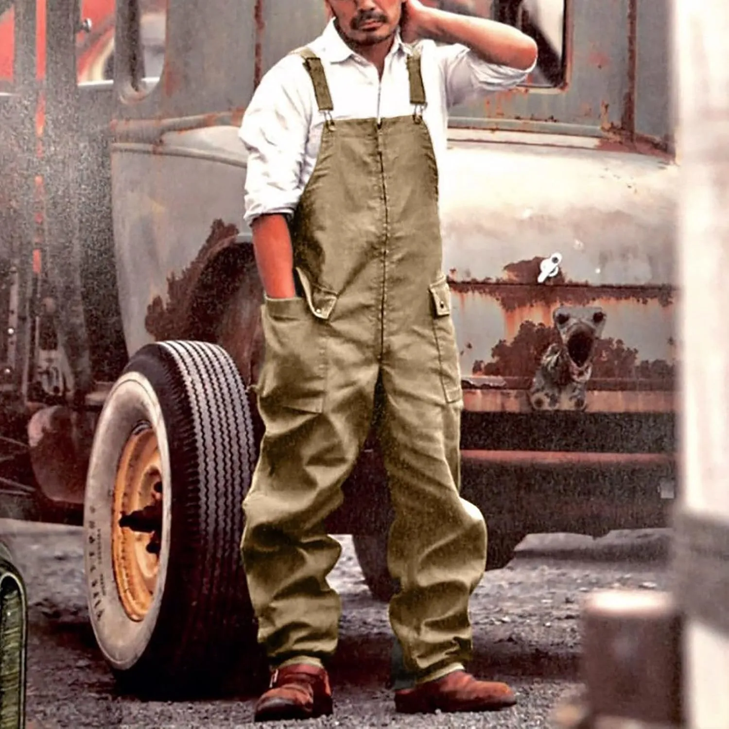 Mens Vintage Bib Overalls Relaxed Fit Canvas Bib Overalls Pockets Work Cargo Pants Lightweight Zipper Loose Jumpsuit