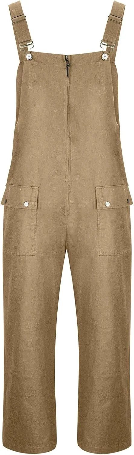 Mens Vintage Bib Overalls Relaxed Fit Canvas Bib Overalls Pockets Work Cargo Pants Lightweight Zipper Loose Jumpsuit