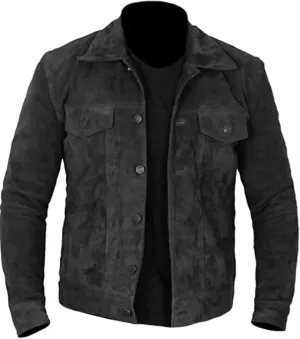 Men's Western Trucker Leather Smart Fitted Denim Shirt Style Stud Button Jacket