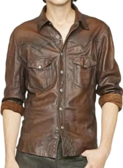 Men's Western Trucker Leather Smart Fitted Denim Shirt Style Stud Button Jacket