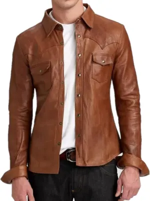 Men's Western Trucker Leather Smart Fitted Denim Shirt Style Stud Button Jacket