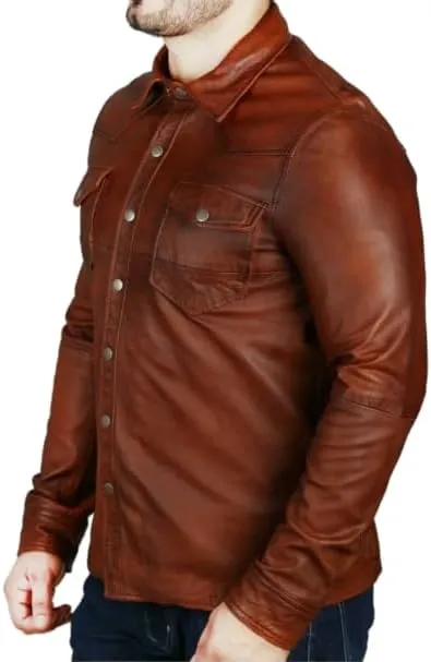 Men's Western Trucker Leather Smart Fitted Denim Shirt Style Stud Button Jacket