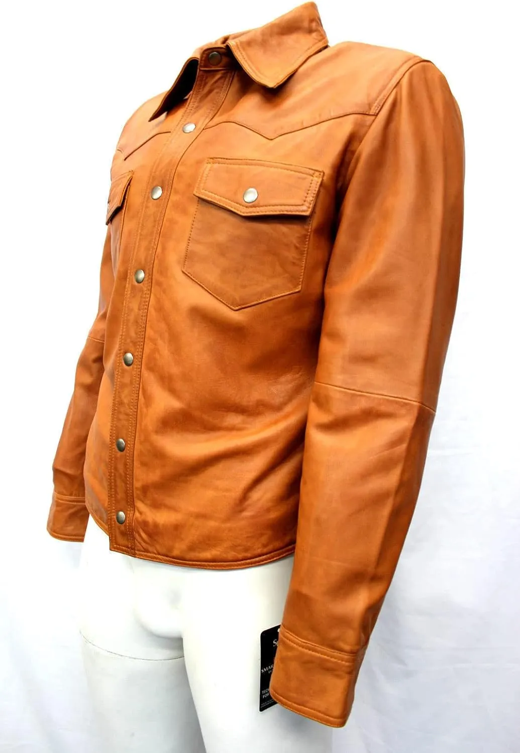 Men's Western Trucker Leather Smart Fitted Denim Shirt Style Stud Button Jacket
