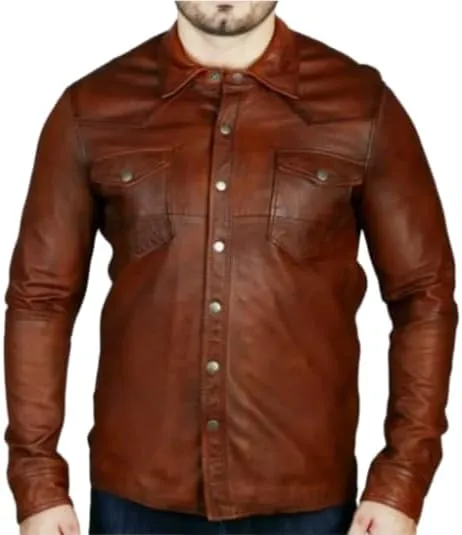 Men's Western Trucker Leather Smart Fitted Denim Shirt Style Stud Button Jacket