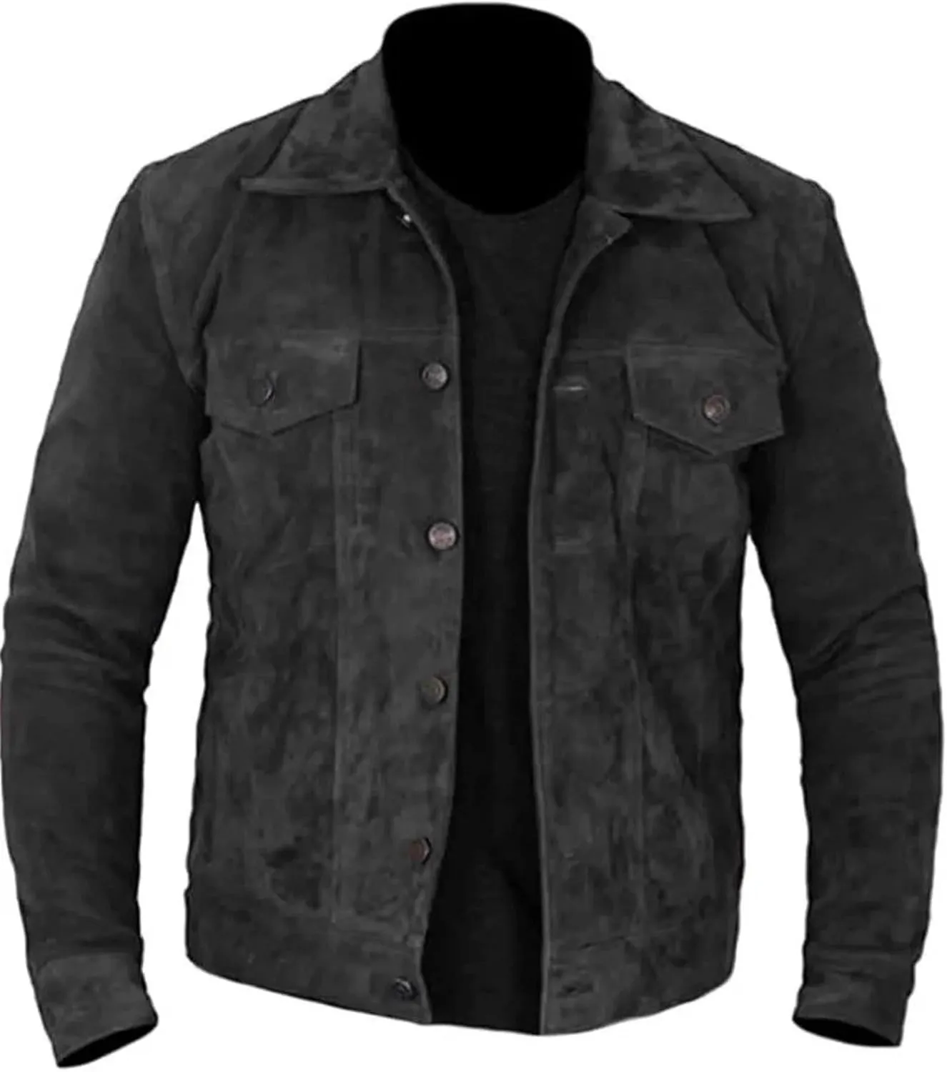 Men's Western Trucker Leather Smart Fitted Denim Shirt Style Stud Button Jacket