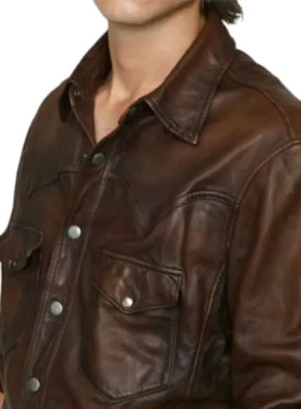 Men's Western Trucker Leather Smart Fitted Denim Shirt Style Stud Button Jacket