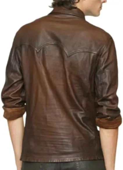 Men's Western Trucker Leather Smart Fitted Denim Shirt Style Stud Button Jacket