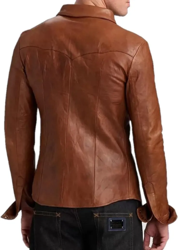 Men's Western Trucker Leather Smart Fitted Denim Shirt Style Stud Button Jacket
