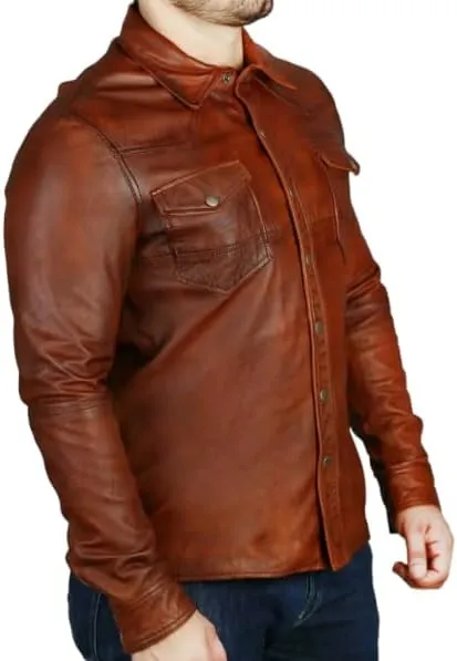 Men's Western Trucker Leather Smart Fitted Denim Shirt Style Stud Button Jacket