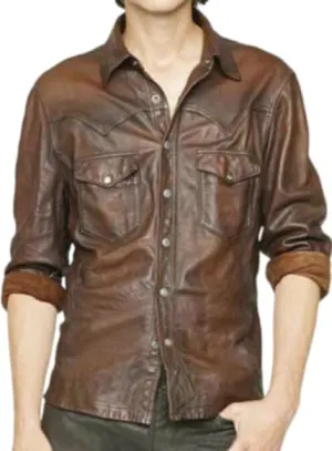 Men's Western Trucker Leather Smart Fitted Denim Shirt Style Stud Button Jacket