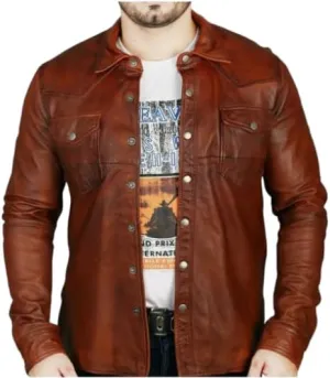Men's Western Trucker Leather Smart Fitted Denim Shirt Style Stud Button Jacket