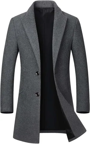 Men's Winter Coat Trench Overcoat Wool Blend Casual Single Breasted Mid-Long Pea Top Jacket