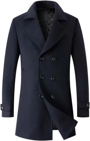 Men's Winter Coat Wool Blend Trench Overcoat Casual Double Breasted Long Pea Topcoat