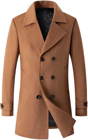 Men's Winter Coat Wool Blend Trench Overcoat Casual Double Breasted Long Pea Topcoat