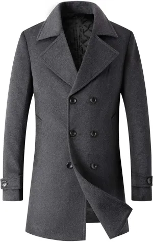 Men's Winter Coat Wool Blend Trench Overcoat Casual Double Breasted Long Pea Topcoat
