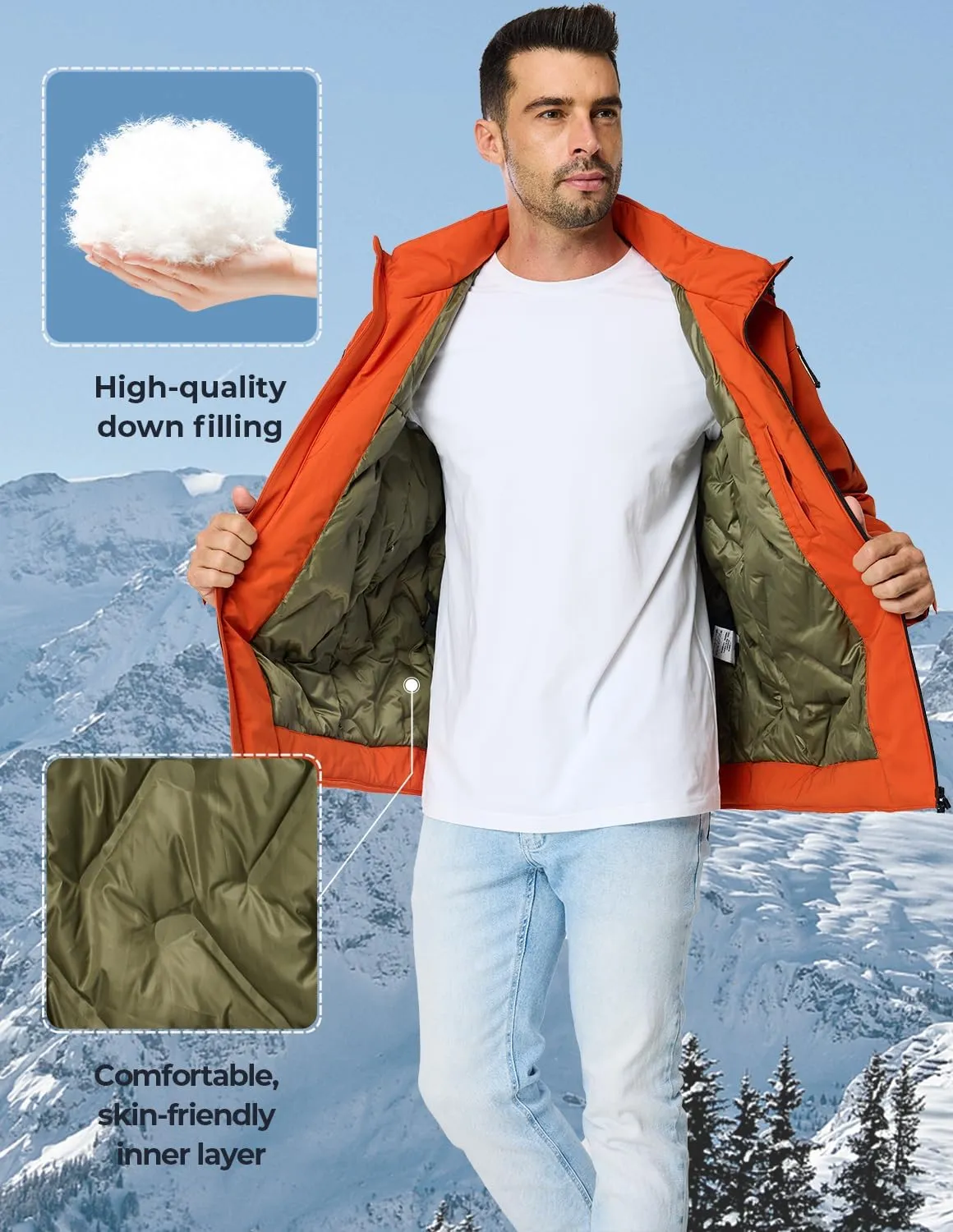 Men's Winter Ski Coat Heavy Down Water Resistant Jacket Insulated Snowboard Parka with Hood