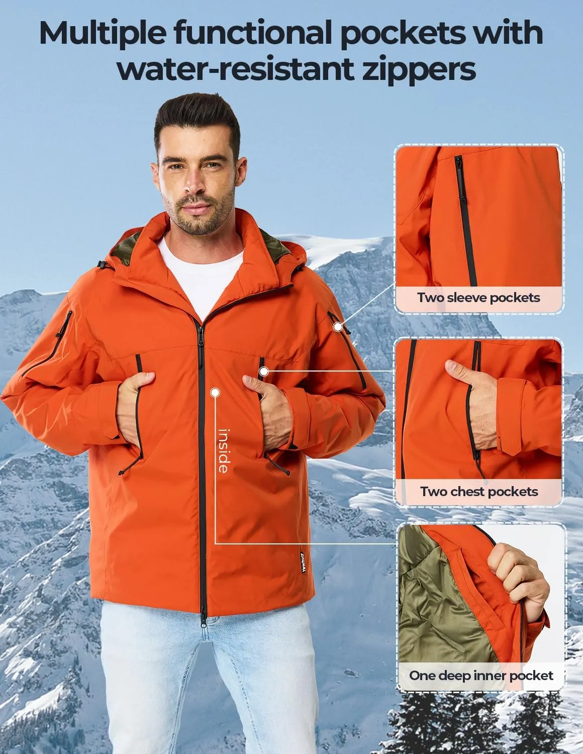 Men's Winter Ski Coat Heavy Down Water Resistant Jacket Insulated Snowboard Parka with Hood