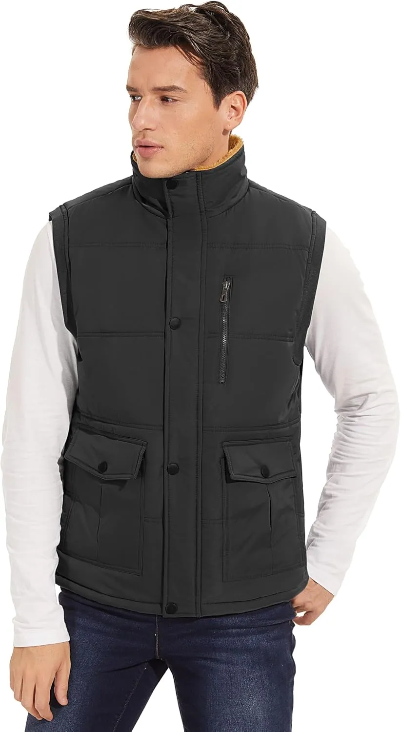 Men's Winter Vests Warm Fleece Lined Sleeveless Jackets Casual Outerwear Stand Collar Padded Coat