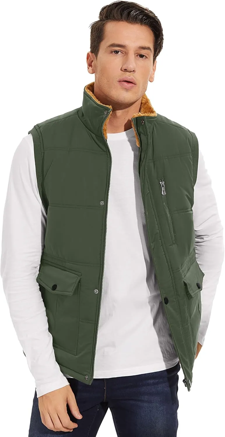 Men's Winter Vests Warm Fleece Lined Sleeveless Jackets Casual Outerwear Stand Collar Padded Coat