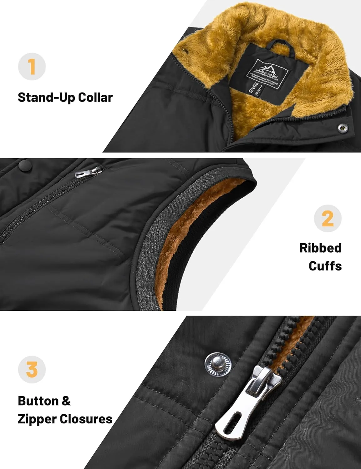 Men's Winter Vests Warm Fleece Lined Sleeveless Jackets Casual Outerwear Stand Collar Padded Coat