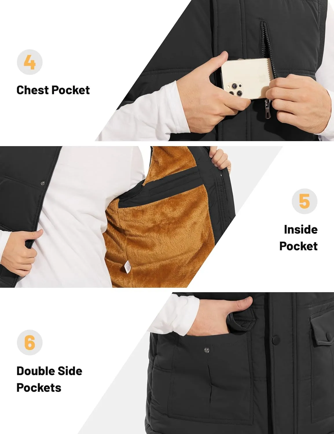 Men's Winter Vests Warm Fleece Lined Sleeveless Jackets Casual Outerwear Stand Collar Padded Coat