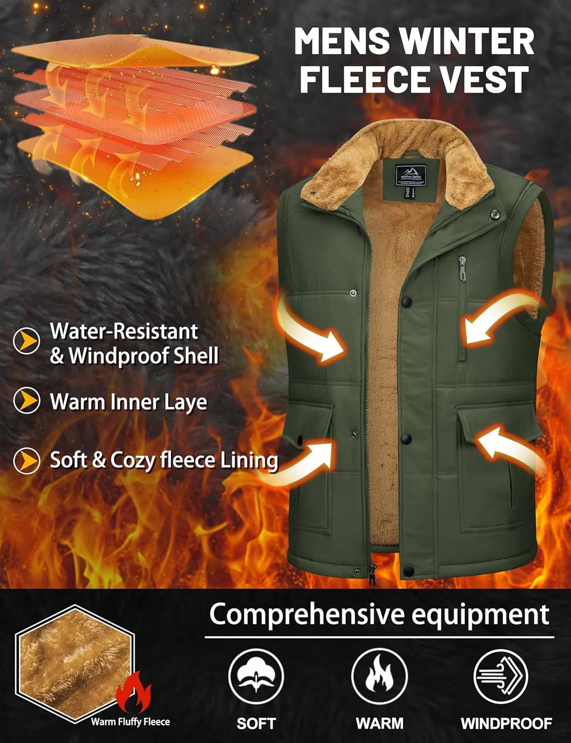 Men's Winter Vests Warm Fleece Lined Sleeveless Jackets Casual Outerwear Stand Collar Padded Coat