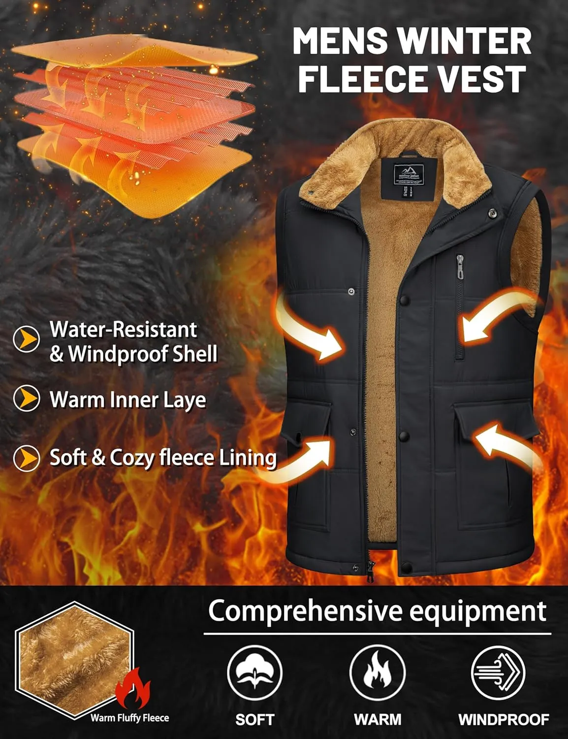 Men's Winter Vests Warm Fleece Lined Sleeveless Jackets Casual Outerwear Stand Collar Padded Coat