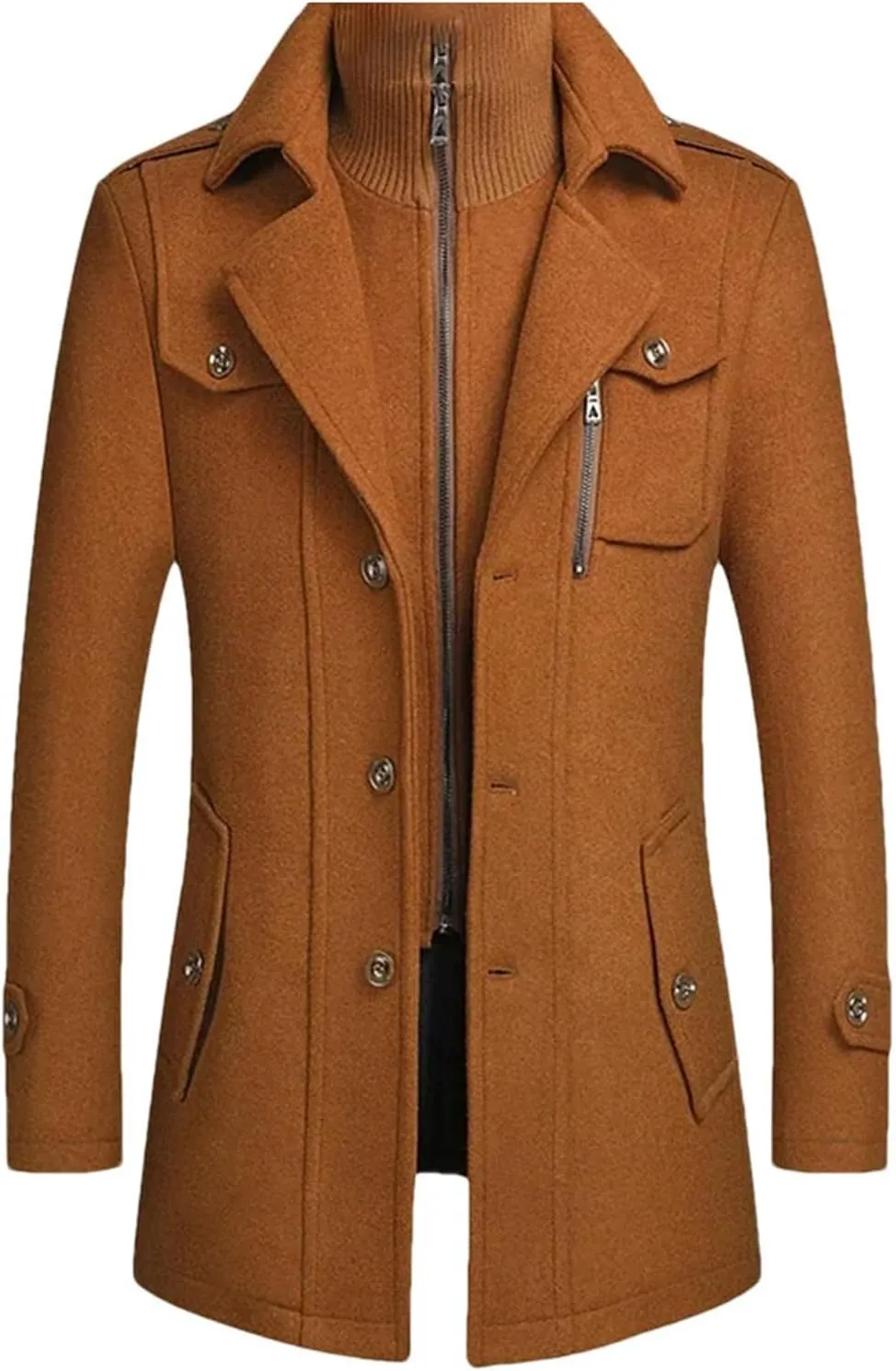 Men's Winter Wool Coats Fashion Middle Long Scarf Collar Cotton-Padded Thick Warm Woolen Jacket