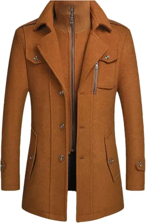 Men's Winter Wool Coats Fashion Middle Long Scarf Collar Cotton-Padded Thick Warm Woolen Jacket