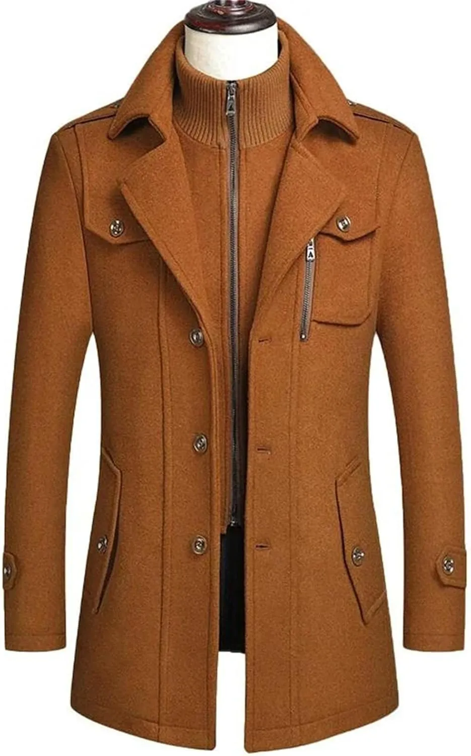 Men's Winter Wool Coats Fashion Middle Long Scarf Collar Cotton-Padded Thick Warm Woolen Jacket