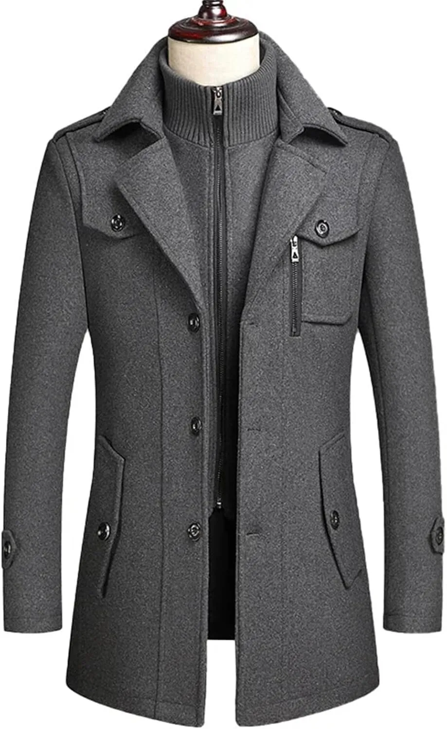 Men's Winter Wool Coats Fashion Middle Long Scarf Collar Cotton-Padded Thick Warm Woolen Jacket