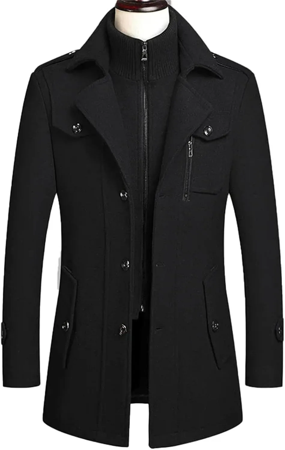 Men's Winter Wool Coats Fashion Middle Long Scarf Collar Cotton-Padded Thick Warm Woolen Jacket