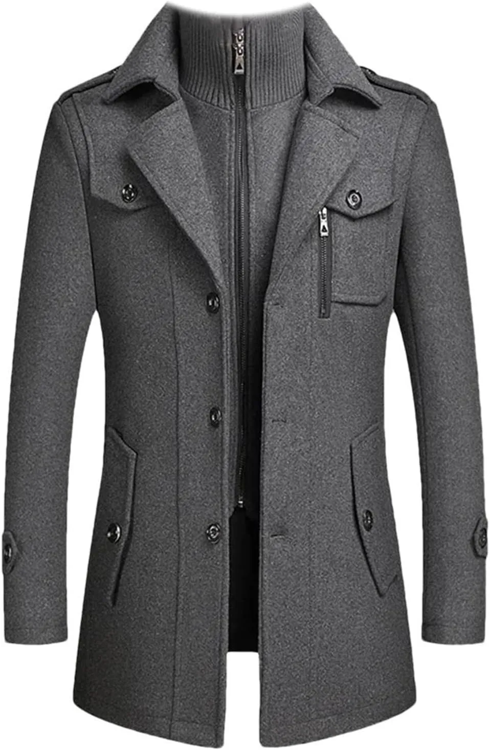 Men's Winter Wool Coats Fashion Middle Long Scarf Collar Cotton-Padded Thick Warm Woolen Jacket