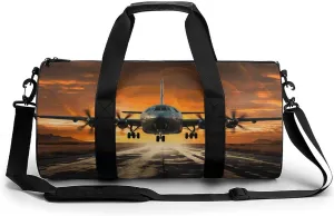 Mens Womens Gym Bag, Military Plane Landing on Airforce Runways Against Beautiful Dusky Sky Print Duffle Bags,travel Gym Duffle Bag,garment Duffle Bag,gym Bag with Shoe Compartment