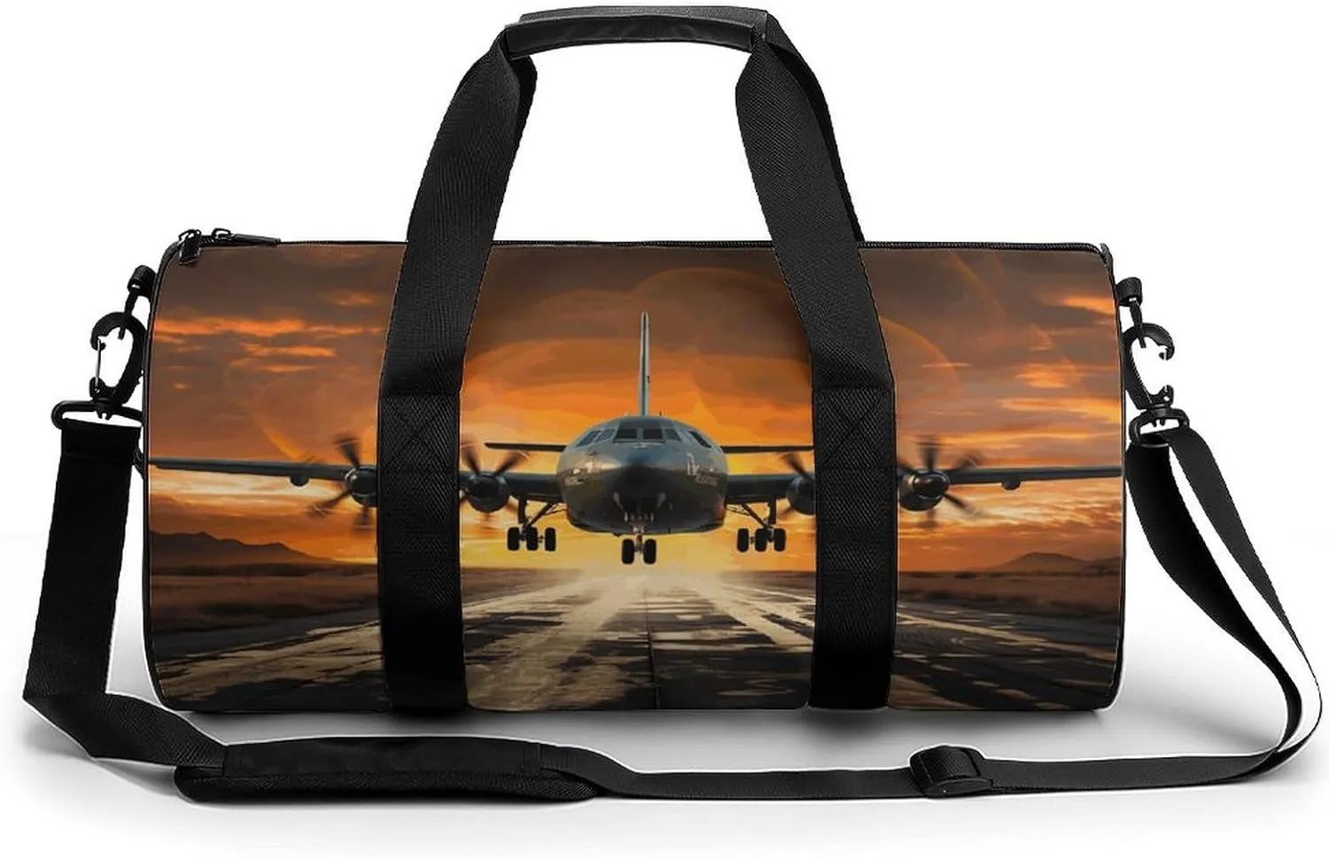 Mens Womens Gym Bag, Military Plane Landing on Airforce Runways Against Beautiful Dusky Sky Print Duffle Bags,travel Gym Duffle Bag,garment Duffle Bag,gym Bag with Shoe Compartment