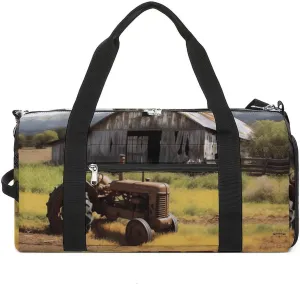 Mens Womens Gym Bag, Old Wooden Barn with Rusted Tractor Print Duffle Bags,travel Gym Duffle Bag,garment Duffle Bag,gym Bag with Shoe Compartment