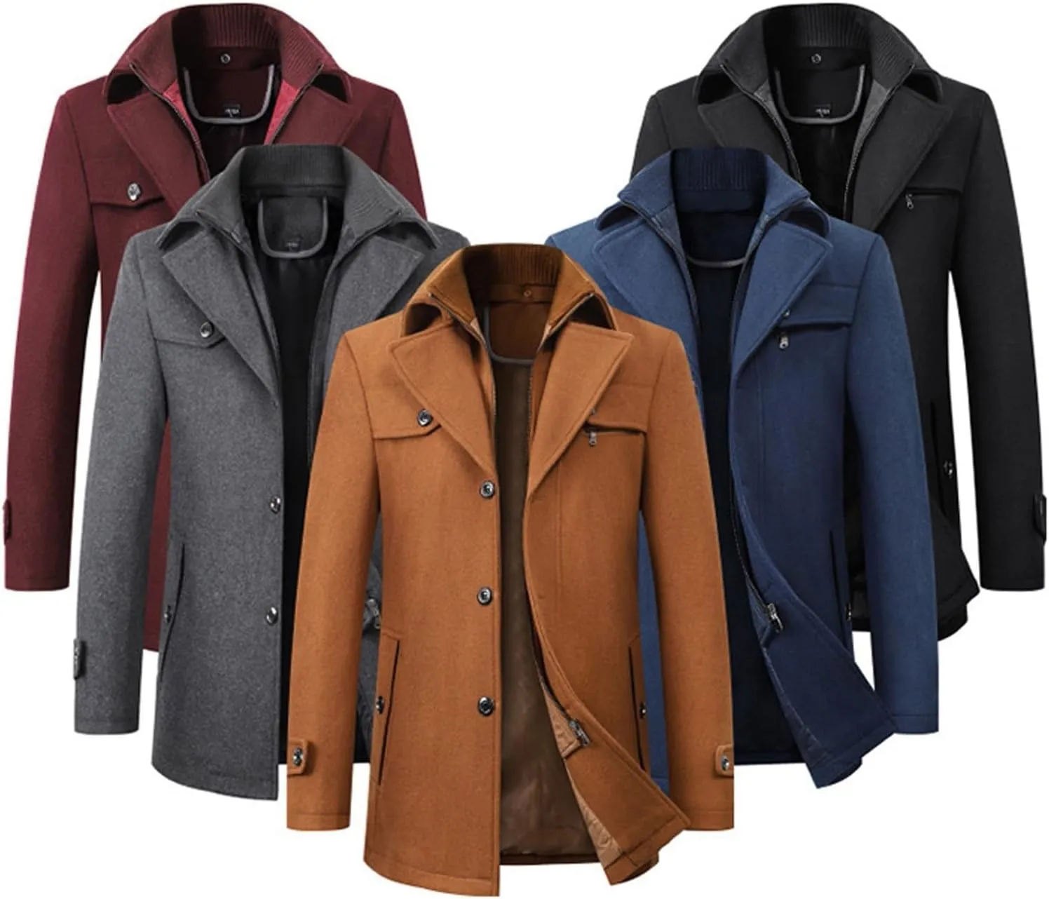 Men's Wool Blend Coats with Detachable Zipper Winter Warm Jakcet Single Breasted Business Windbreaker Pea Coat