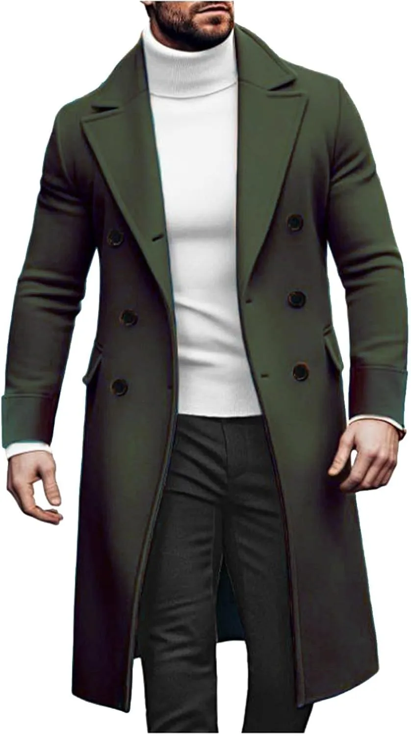 Mens Wool Blend Pea Coat Slim Fit Winter Trench Coat Notched Lapel Double Breasted Overcoat Business Mid Long Jacket